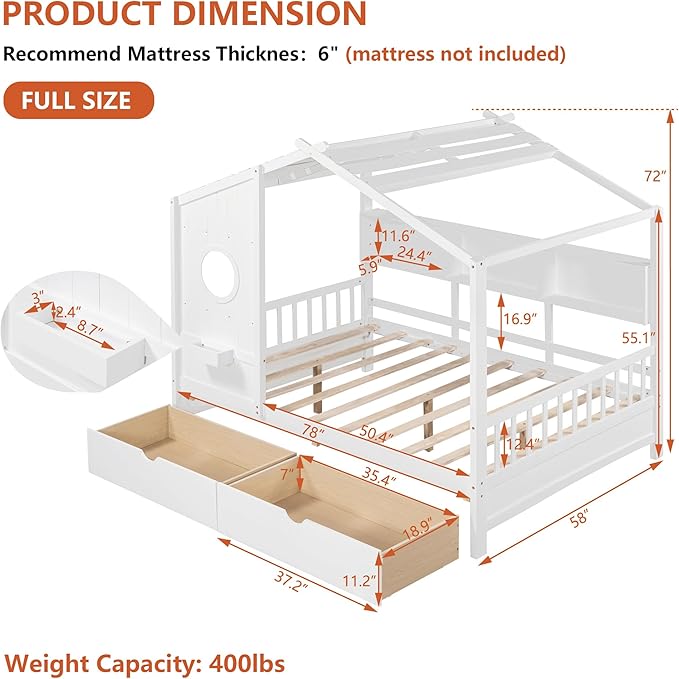 Aoowow Full Size House Bed with Storage Shelves and Drawers, Wood Platform Kids House Bed with Window and Roof for Bedroom, Full Playhouse Bed Frames for Boys Girls, Can be Decorated, White