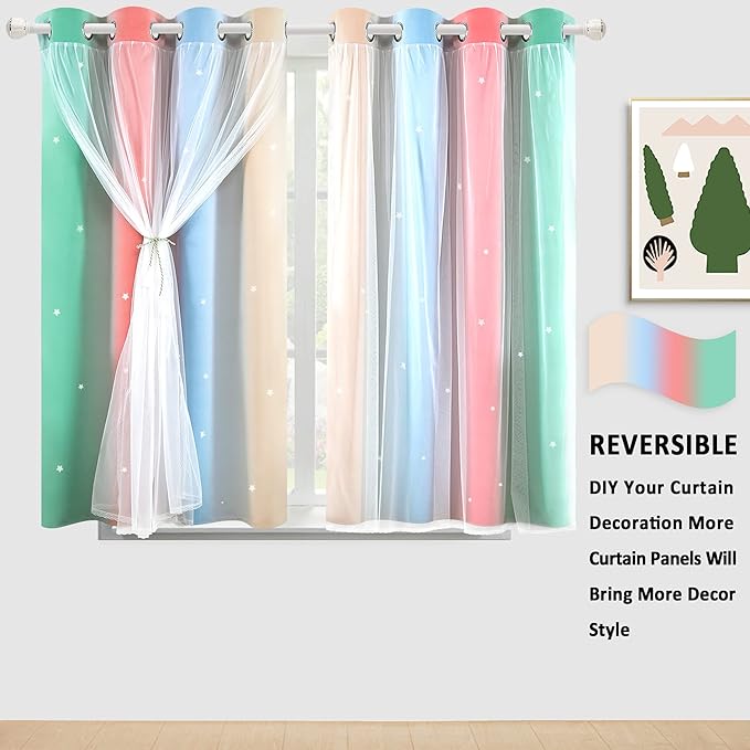 Kinryb Nursery/Kids/Girls Room Star Cut Out Blackout Rainbow Curtain with Sheer Overlay 2 Panels, Each 52 inch Wide,45 inch Length with White Gauze,Ombre Stripe Rainbow Curtains (2 Panels,52x45 Inch)