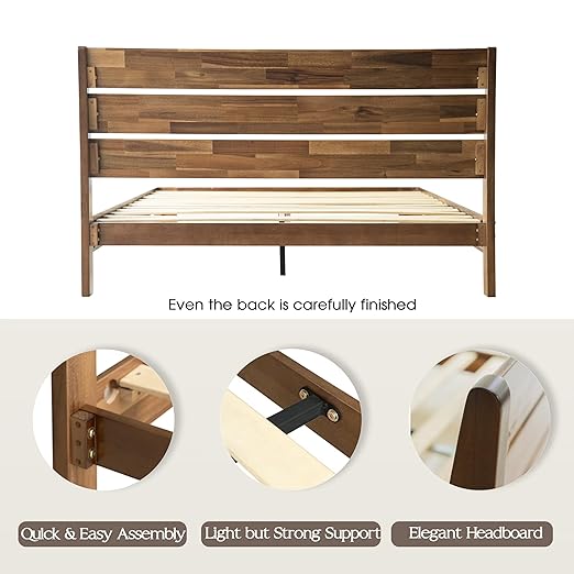 Queen Size Bed Frame with Headboard & Footboard Solid Wood Platform Bed, Central Metal Legs, 12 Sturdy Slatted Base, Easy Assembly, No Box Spring Needed, Anti-Noise & Slip-Free, Walnut Finish, QIQ-37
