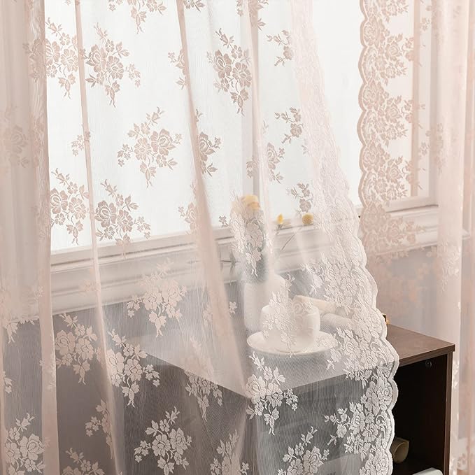 Kotile Pink Lace Curtains for Girls Bedroom - Rustic Vintage Floral Pattern Sheer Curtains 72 Inch Length, Privacy Rod Pocket Scalloped Lace Curtain for Windows, 52 x 72 Inch, 2 Panels, Blush Pink