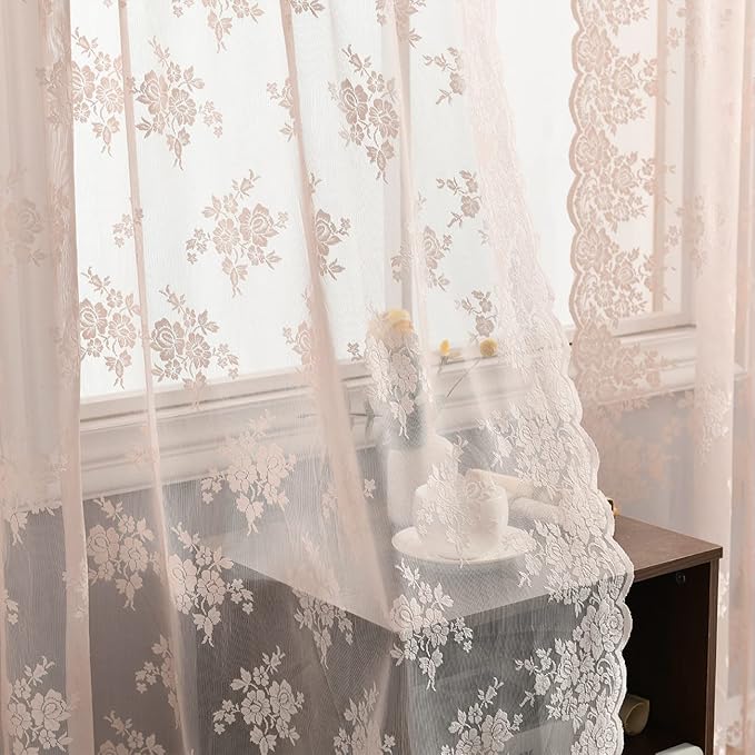 Kotile Blush Pink Lace Curtains for Bedroom, Country Floral Embroidered Vintage Sheer Lace Curtains 45 Inch Length 2 Panels Set, Rod Pocket Privacy Scalloped Lace Window Curtains, Each 52 x 45 Inch