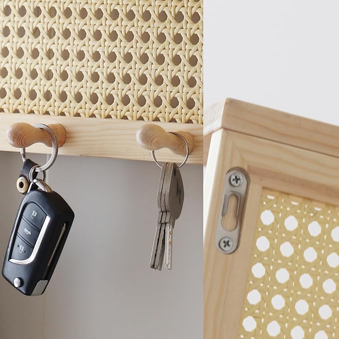 FRIADE PE Rattan Key Holder with 4 Key Hooks,Wall Mounted Decorative Floating Shelf for Entryway,Nursery,Mudroom, Hallway, Office (Burlywood)