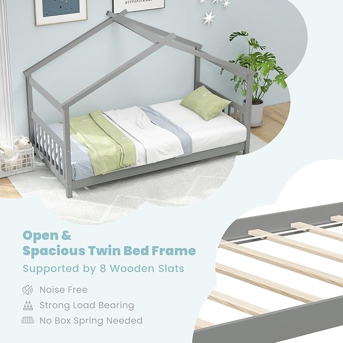 Giantex House Bed Twin, Solid Wood Kids House Bed with Roof, Headboard and Footboard, Low Floor Twin Bed Frame for Toddlers Teens Girls Boys, No Box Spring Needed, Grey