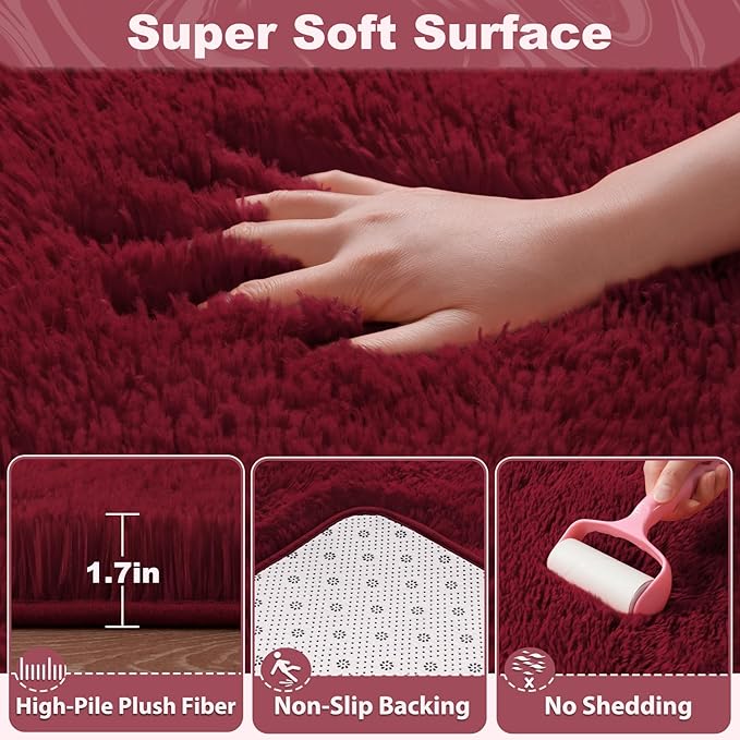 EVOIONOS Burgundy Round Rug for Bedroom, 4x4 Ft Fluffy Soft Circle Area Rugs for Living Room, Plush Shaggy Circular Carpet for Indoor Floor Bedside Kids Nursery, Machine-Washable Home Decor Aesthetic