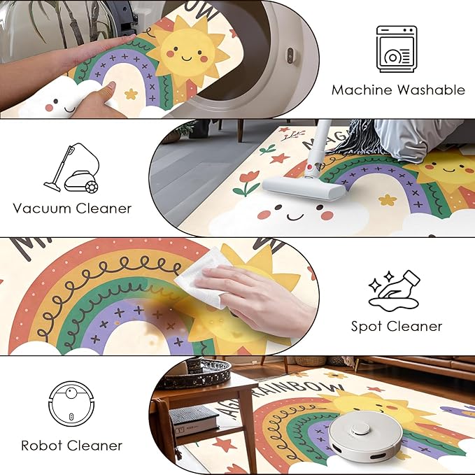 Rainbow Sun Pattern Soft Girls Area Rug for Kids Room Washable Artificial Wool Bedroom Living Room, Funny Carpet Non-Slip Outdoor Indoor Floor Carpet Home Decor, 5'x7'