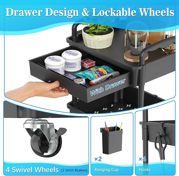 4 Tier Rolling Utility Cart with Drawer, Storage Organizer Cart with 2 Lockable Wheels, Multifunctional Rolling Storage Cart for Bathroom, Kitchen, Craft, Makeup, Baby Essentials, Black