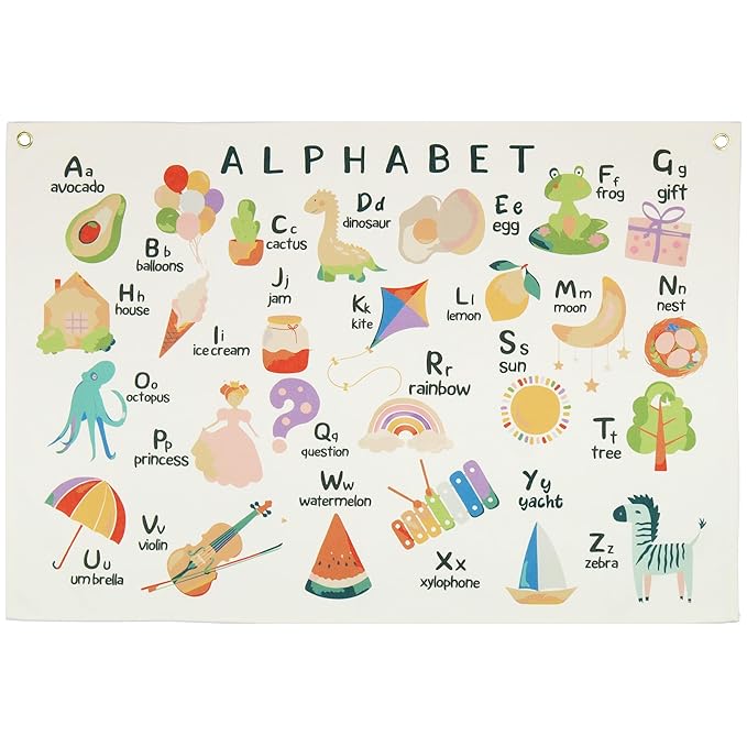 Alphabet ABCD Nursery Rectangular Canvas Banner-Boho Flag Wall Art for Boy Girl Kids,Above Crib Nursery Kindergarten Reading Room Playroom Decor-Baby Growth Stuff-Baby Shower Birthday Christmas Gift