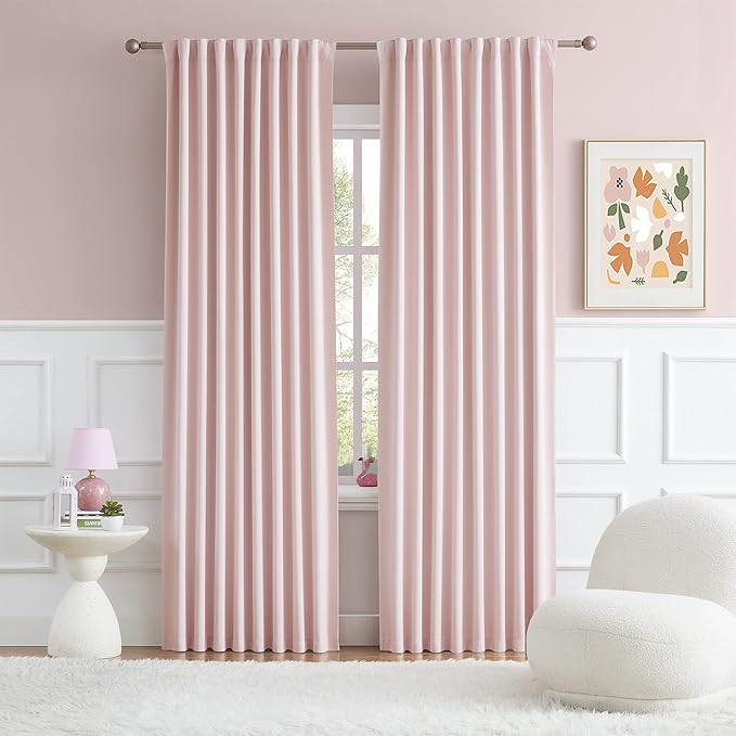 DUALIFE Baby Cute Pink Curtains Drapes 96 Inches Long - Back Tab and Rod Pocket Thermal Insulated Light Blocking Drapes for Grils Baby Nursery Bedroom, Soft Light Pink 52 x 96 Inch 2 Panels
