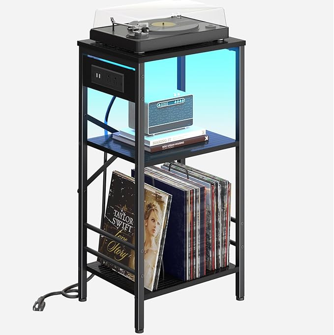 Record Player Stand with Charging Station, 3-Tier End Table with LED Light, Side Table Nightstand for Vinyl Storage,Tall Beside Tables Turntable Stand Living Room, Bedroom, Black