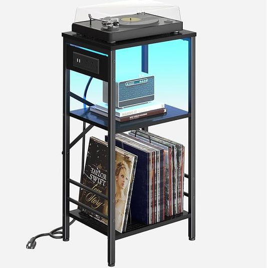 Record Player Stand with Charging Station, 3-Tier End Table with LED Light, Side Table Nightstand for Vinyl Storage,Tall Beside Tables Turntable Stand Living Room, Bedroom, Black