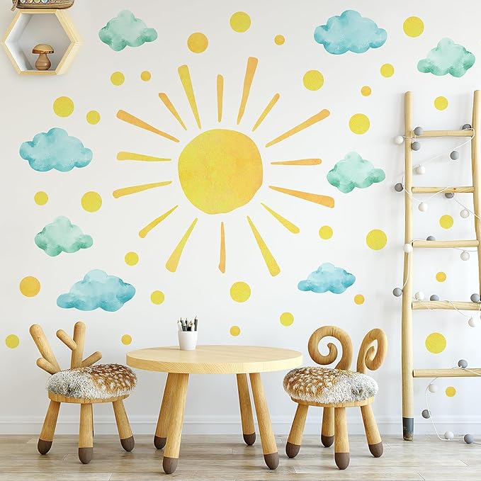 clothmile Sun and Clouds Wall Decals Polka Dots Decal Watercolor Boho Sun Wall Decals Peel and Stick, PVC Sunrise Wall Stickers Sunshine Wall Art Decor for Kids Room Playroom Nursery Bedroom