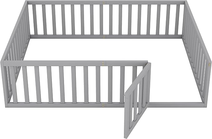 Merax Queen Floor Bed with Safety Guardrails and Door, Wood Montessori Floor Bed Frame for Kids, Queen Playhouse Bed Frame for Baby Girls and Boys, Grey