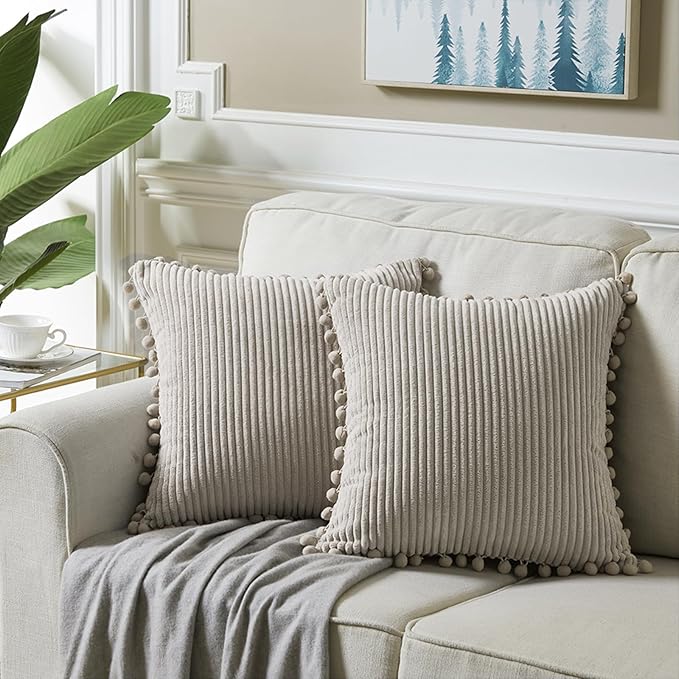 Fancy Homi 2 Packs Neutral Taupe Decorative Throw Pillow Covers 20x20 Inch with Pom-poms for Couch Bed Sofa, Aesthetic Modern Organic Farmhouse Boho Home Decor, Soft Corduroy Cute Accent Cushion Case
