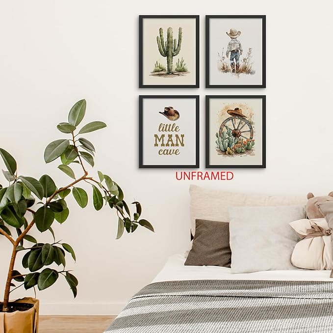 Hxlac Western Cowboy Nursery Wall Art Prints Set of 4 UNFRAMED - Western Wall Decor for Toddler Baby Boy Room, Cowboy Nursery Decor, Little Man Cave Pictures Wall Decor (8x10 Inches)