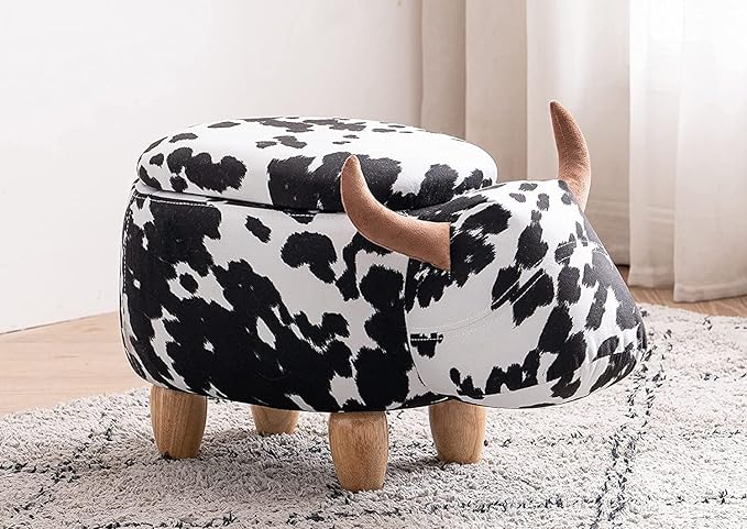 Home 2 Office Cow Ottoman for Kids' Bedroom, Playroom, Nursery, and Living Room, Animal Ottoman with Storage, Footstool for Kids, Black/White