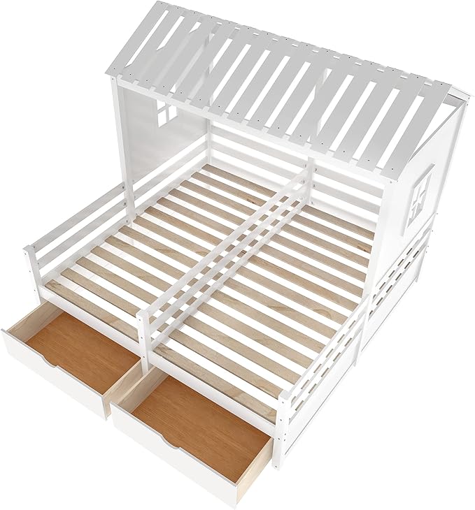 P PURLOVE Twin Double Shared Bed,Twin Size House Platform Beds with Two Drawers for Boy and Girl Shared Beds, Montessori House Bed Frame Combination of 2 Side by Side Twin Size Beds,White