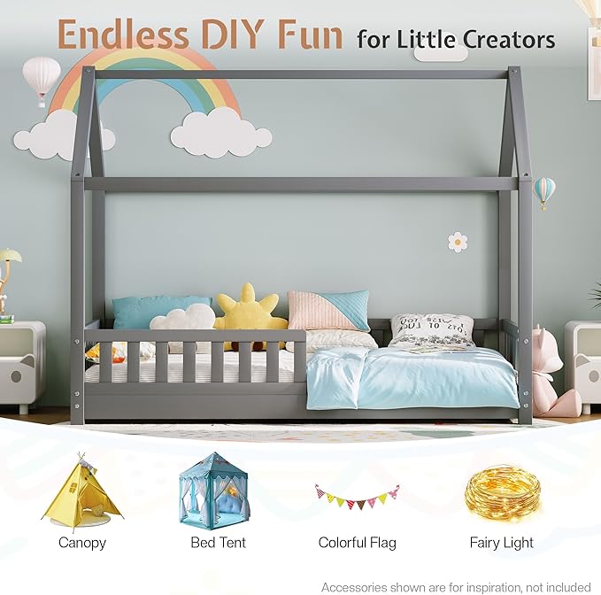 Jocisland Twin Size House Bed for Kids, Montessori Wooden Floor Bed Frame with Guardrails, Removable Rails, Playhouse Roof, Easy Assembly, Toddler Floor Bed for Boys & Girls, Grey