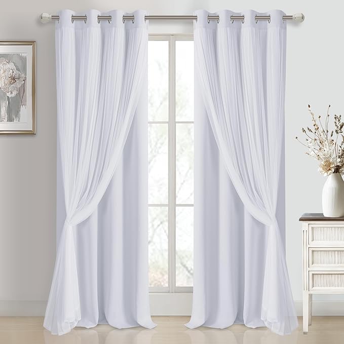 DWCN White Blackout Curtains with Sheer Overlay Thermal Insulated Mix & Match Double Layer Window Panels for Bedroom Living Room Drape Sewn with Tiebacks Grommet Top 52" Wx108 Lx2