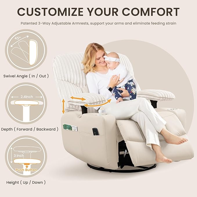 SUNWAVE Power Nursery Rocking Chair with Adjustable Armrests, Nursing Chair with USB, Cup Holders & Blanket, Swivel Rocker Recliner with Corduroy and PU Leather Mixed Fabric (Beige)