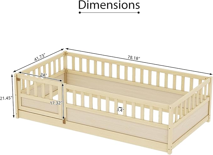 Ball & Cast Twin Size Montessori Floor Bed with Baffle Design & Open Door,Toddler Floor Bed Frame W/Fence and High Guardrails,Wooden Playhosue Bed for Girls and Boys,No Box Spring Needed,Natural