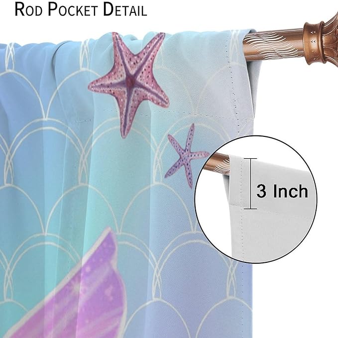 Fantasy Mermaid Curtain Colorful Rainbow Fish Tail Ocean Theme Beautiful Kids Window Treatment for Girls Bedroom Nursery Room Decor Rod Pocket Window Drapes 42x63in