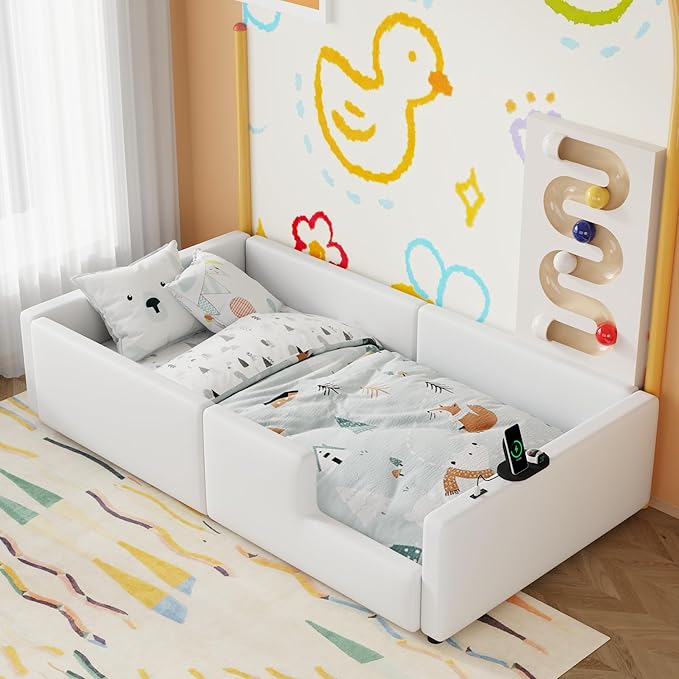 Twin Size Upholstered Platform Bed with Safety Guardrail, Montessori Kids Floor Bed, Child Grounded Bed with Charging Station and Sturdy Slats Support