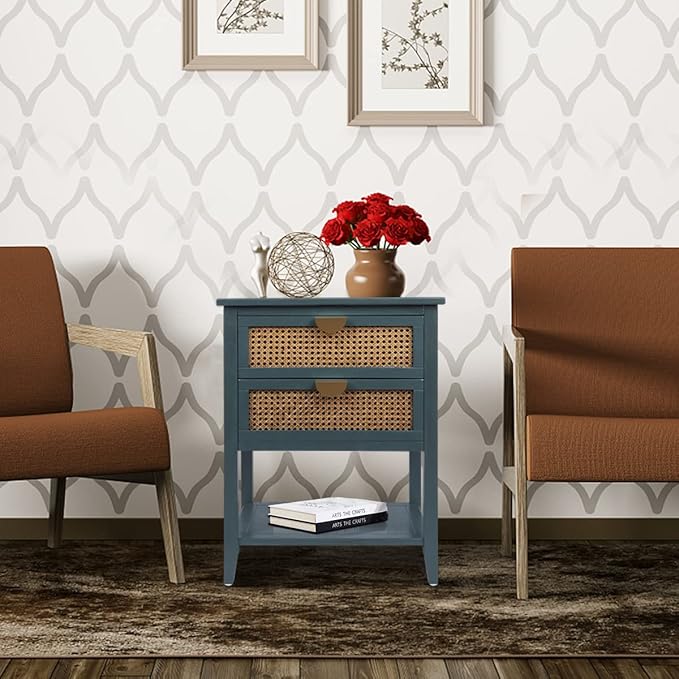 2 Drawers End Table for Living Room, Rattan Nightstand Bedside Table with Metal Handles for Living Room, Bedroom, Small Place(Green)