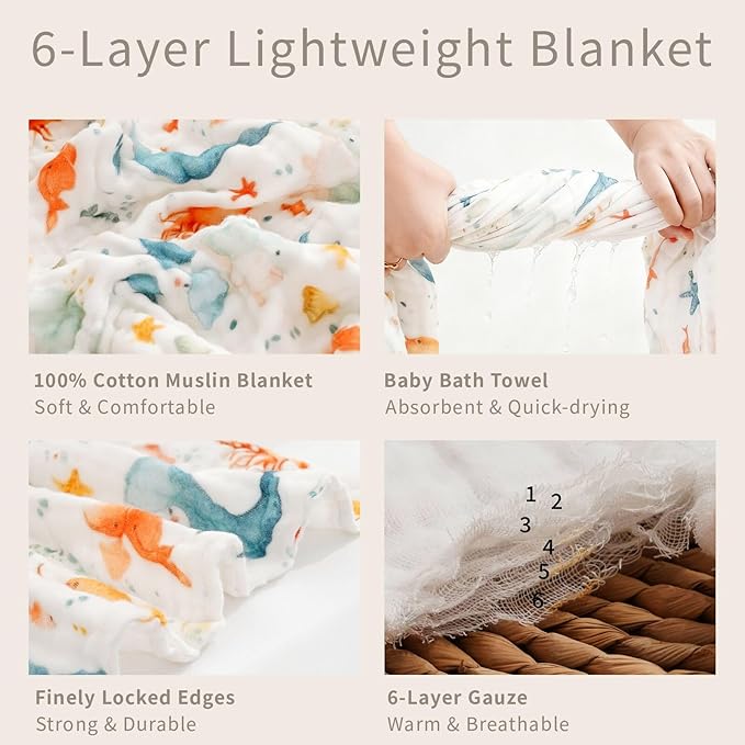 Muslin Swaddle Blankets 6-Layer Cotton Baby Blankets for Boys & Girls 43"X43"Inches Receiving Blankets,Soft Skin-Friendly Baby Crib Blanket,Breathable Quilt Bedspread(Ocean Animals)