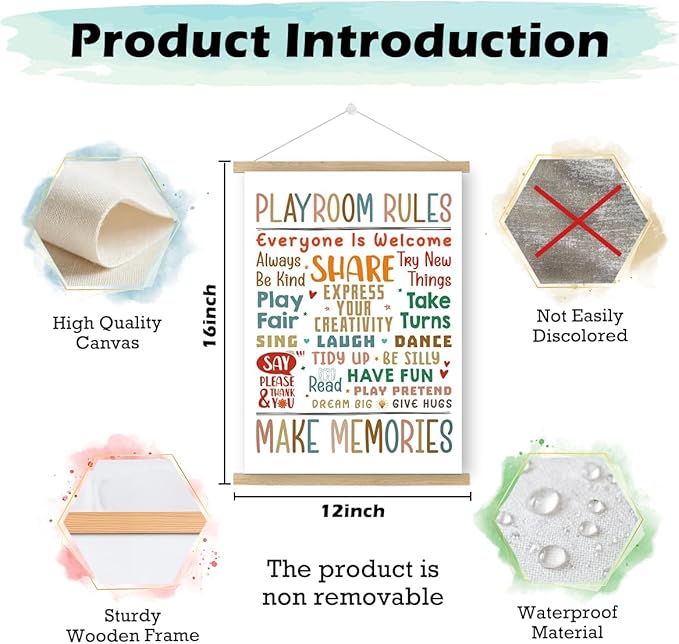 Qswo Playroom Rules Wall Art Poster Hanger Frame,Play Room Hanging Canvas Wall Decor for Kids Nursery School