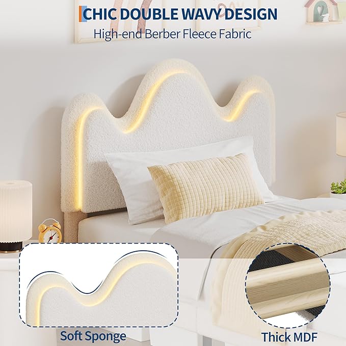 IDEALHOUSE Twin Bed Frame with LED Headboard and Under-Bed Drawer, Metal Upholstered Platform Bed with LED Light for Kids, Girls, Lamb Fleece Fabric, Wooden Slats Support, No Box Spring Needed, White