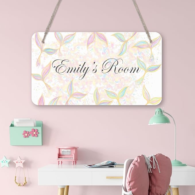 Dreamy Mermaid Design Personalized Room Door Sign Custom Name Signs Kids Girls Bedroom Decor Nursery Dorm Farmhouse Baby Room Wood Hanger Toddler Art Wall Plaque 12x6 Inches