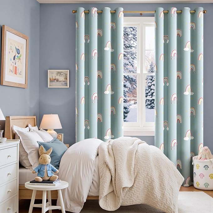 jinchan Nursery Blackout Curtains for Kids Room Rainbow Blue Curtains Cute Girls Bedroom Dorm Playroom Window Treatment Grommet Thermal Insulated Room Darkening 2 Panels 84 Inch Length