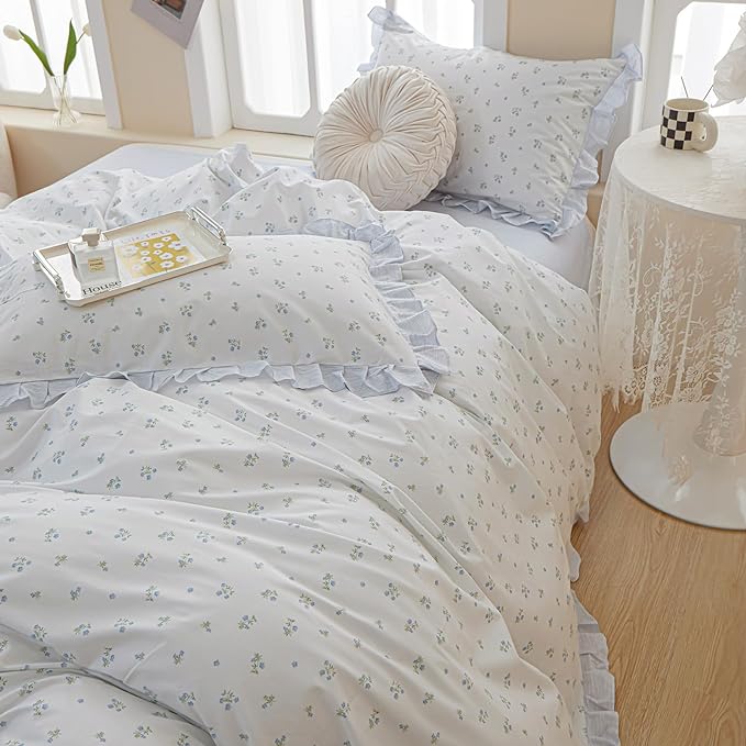 White Duvet Cover Floral Lace Duvet Cover King Cute Blue Flower Green Leaves Print Ruffle Comforter Cover Vintage Princess Lace Bedding Set Botanical Floral Comforter Cover Cottagecore Bedding Set