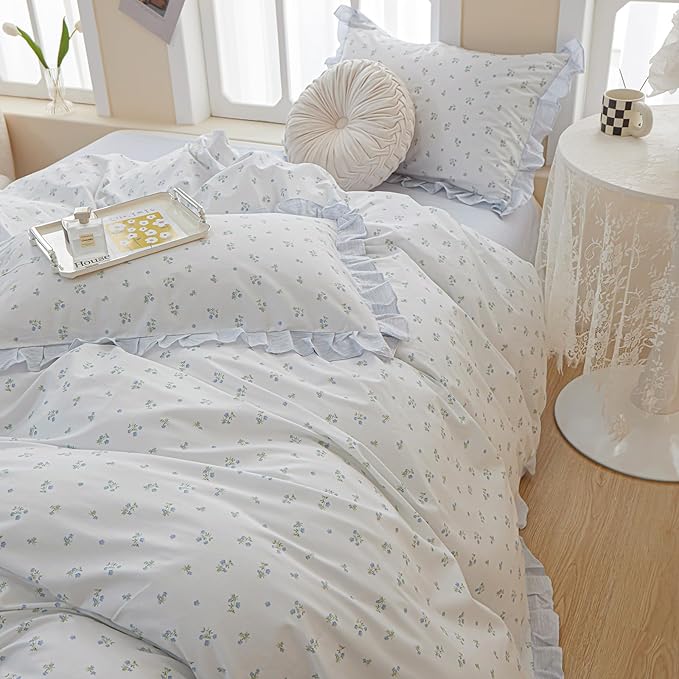 LifeTB Ruffle Duvet Cover Chic Floral Lace Duvet Cover Twin Cute Blue Flower Comforter Cover Girls Princess Lace Bedding Cover Botanical Floral Comforter Cover Ruffle Cottagecore Bedding Set Twin