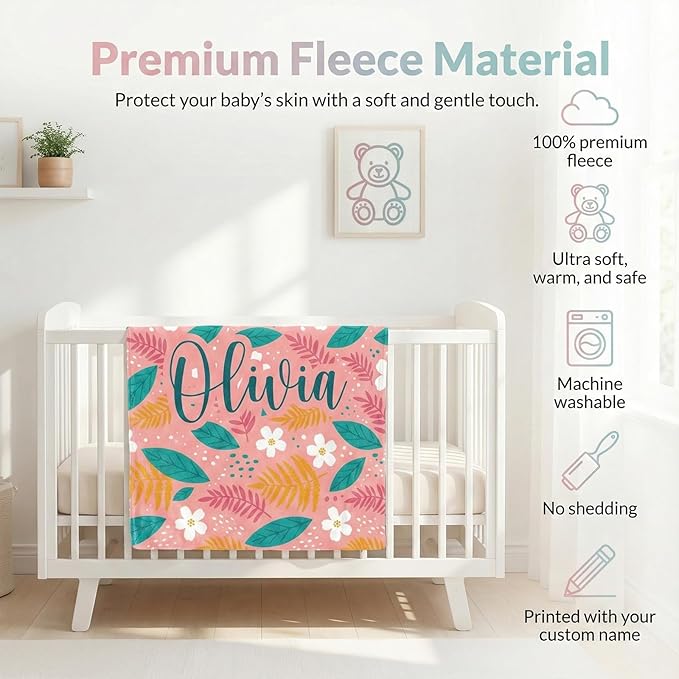 Personalized Baby Blanket with Name - Printed in USA, Custom Baby Blanket for Newborn Kids Gifts for Baby Shower, Birthday & Christmas, Soft for Infant