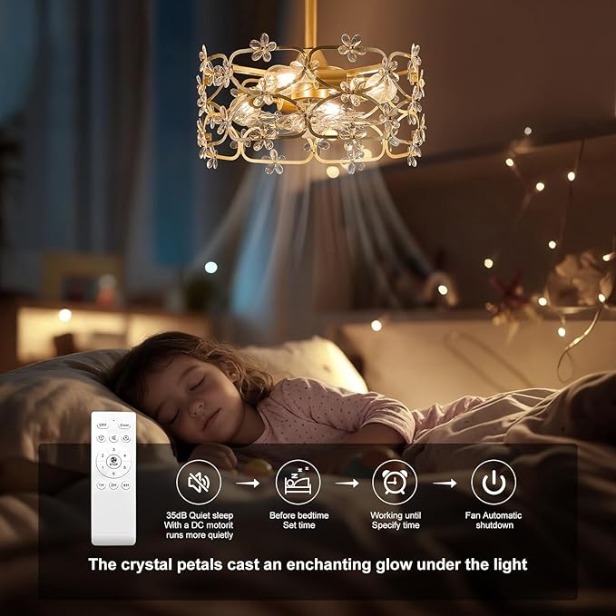 Gold Fandelier Ceiling Fan with Light and Remote Control Modern Crystal Flower Chandelier Ceiling Fan for Girl's Bedroom，Nursery，Living Room（Caged Enclosed 6 Speeds Height Adjustment）