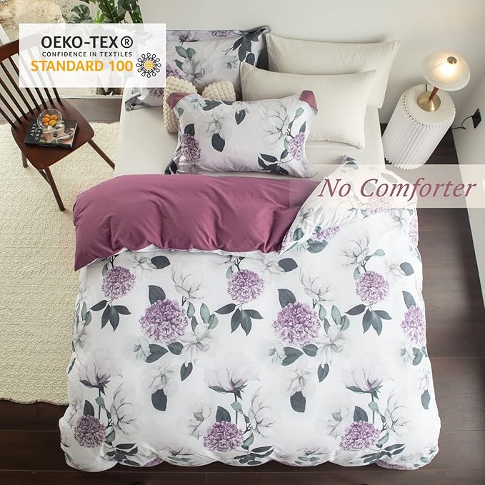 MILDLY 100% Washed Cotton Duvet Cover - Hydrangea Floral Comforter Cover Set Botanical Flower Pattern Bedding Set with Zipper Closure 4 Ties Full Size