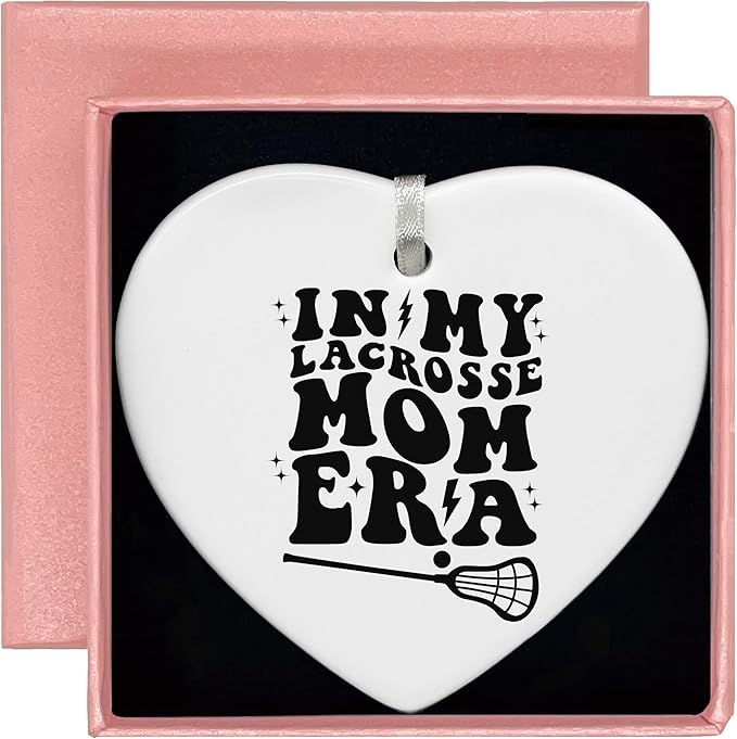 Heart Shaped Christmas Ornament-Lacrosse Mom Gift-Game Day Present for Mother Mama-Coach Appreciation Keepsake-Birthday or Mother's Day Ceramic Ornament-Home Decor in My Lacrosse Mom Era