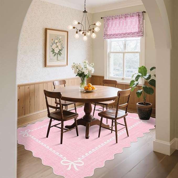 GarveeHome Scalloped Bow Rug for Living Room, Solid Pink Rug for Dorm, Washable Rugs 8x10 Soft Low Pile Non Slip Scalloped Rugs for Nursery College Bedroom Decor Kids Room Playroom