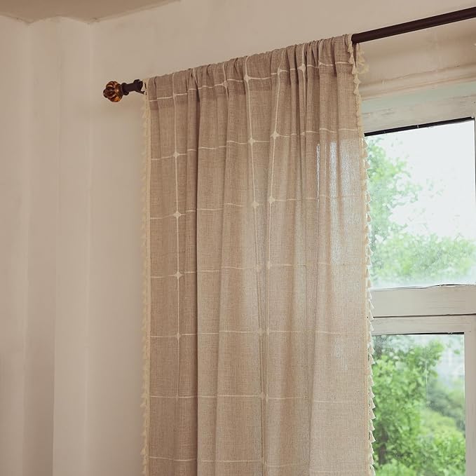 Deeprove Boho Curtains 72 Inches Length Bohemian Lattice Gingham Chic Textured Embroidery Plaids, Vintage Tassels Home Decor Drapes Light Filtering Rod Pocket, 1 Panel W52 x L72, Natural Linen