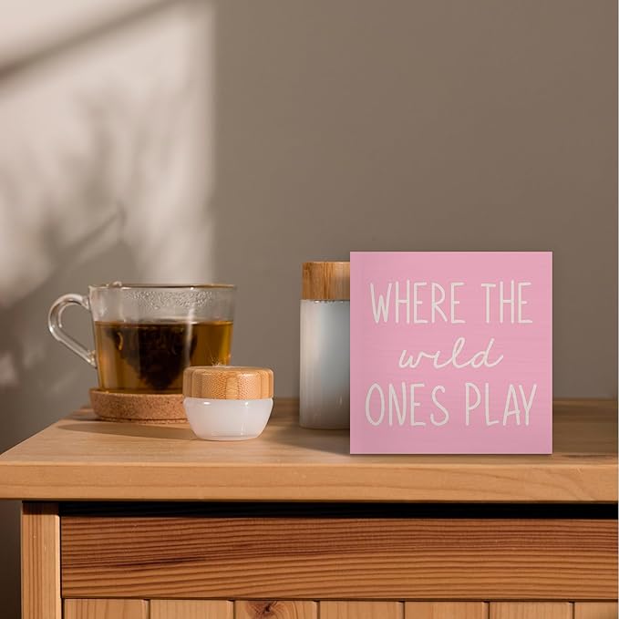 Where The Wild Ones Play Pink Wood Box Sign Desk Decor 5X5, Nursery Kids Room Wooden Block Sign Decorations for Playroom Toddler Boys Girls Room Wall Tabletop Shelf Decor