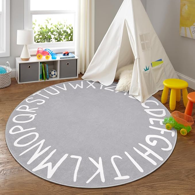 LIVEBOX ABC Kids Round Play Room Rug for Classroom, Large Washable Rug for Nursery, Non-Slip Toddler Rug for Boys and Girls, Soft Circle Carpet Learning Crawling Mat for Playroom Dorm(71",Grey)