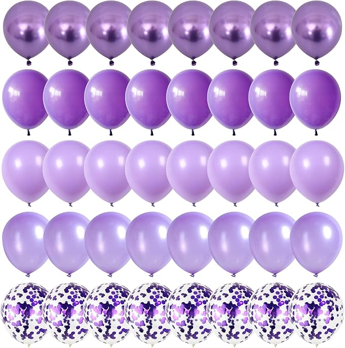 Purple Mixed Balloons, 60 PCS 12inch Lavender Balloons Metallic Purple Confetti Latex Balloon for Girls Women Birthday Baby Shower Bridal Shower Wedding Party Decorations