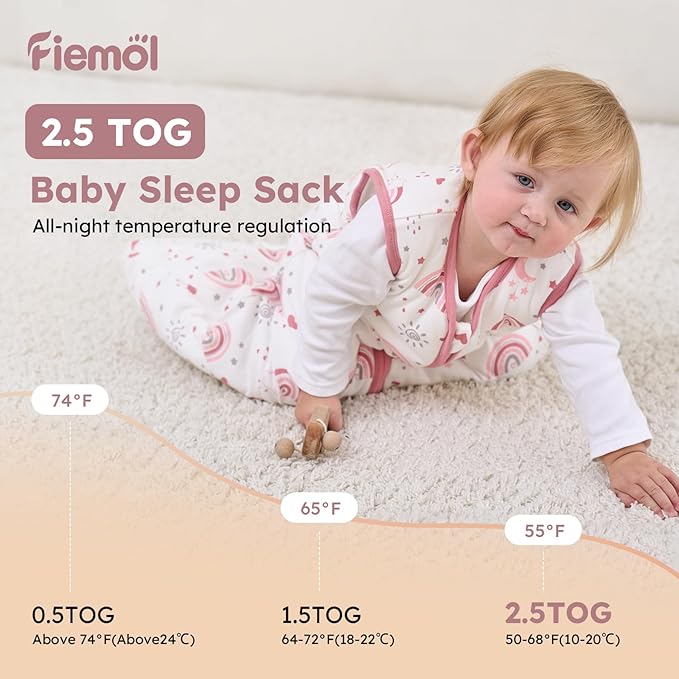 Baby Sleep Sack 12-18 Months, 2.5 TOG Cotton Winter Baby Wearable Blanket with 2-Way Zipper, Warm Soft Sleeping Bag for Toddler Boy Girl, Large Rainbow