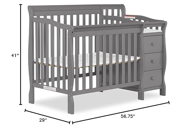 Dream On Me Jayden 4‑in‑1 Mini Convertible Baby Crib & Changer with Storage, Steel Grey, Pinewood, GreenGuard Gold & JPMA, 1” Mattress Pad, 3 Mattress Heights, Converts to Mini Day & Twin-Size Bed