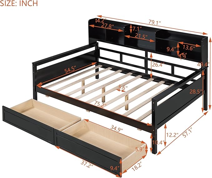 Harper & Bright Designs Full Daybed with Storage, Wooden Full Size Bed Frame with Bookcase Headboard and 2 Drawers, Full Sofa Bed with Shelves for Living Room Bedroom, No Box Spring Need, Espresso