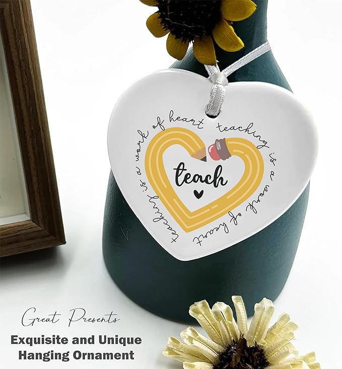 Heart Shaped Christmas Ornament-Teaching is A Work of Heart-Rainbow Teacher Appreciation Gift for Educator Mentor Instructor Thank You Teachers Week Ceramic Keepsake Decor