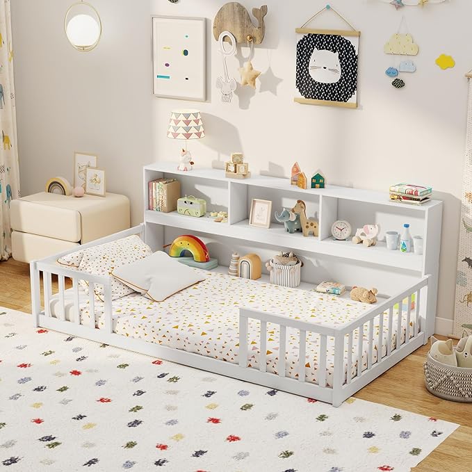 Giantex Twin Floor Bed for Kids, Wooden Montessori Bed Frame with Bookcase, Storage Shelves & Safety Fence Rails, Floor Beds Twin for Girls, Boys, No Box Spring Needed, Without Slats, White