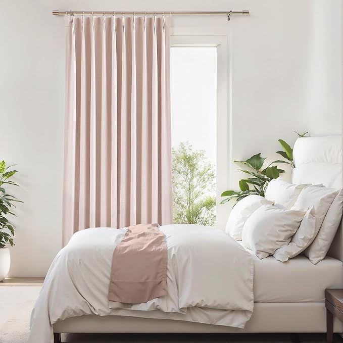 Pinch Pleated Blackout Curtain Panels with Full Blackout Liner Linen Texture Window Treatment Sets with Back Tab for Living Room Bedroom Thermal Insulated Drape with 12 Hooks, 60"x95"x1, Pink