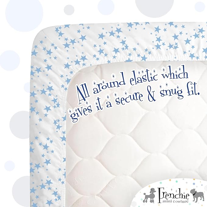 Frenchie Mini Couture Bassinet Sheets, 100% Cotton, Blue Stars, 15 x 33in, 2-Pack